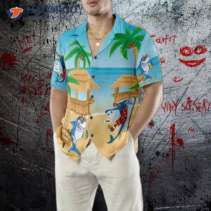 sharks have a party on the beach wearing hawaiian shirts 2