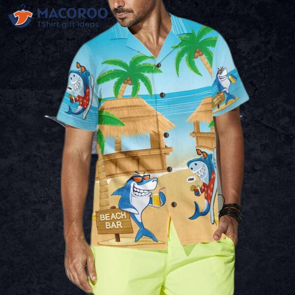 Sharks Have A Party On The Beach Wearing Hawaiian Shirts.