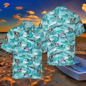 sharks on sea waves hawaiian shirt 0