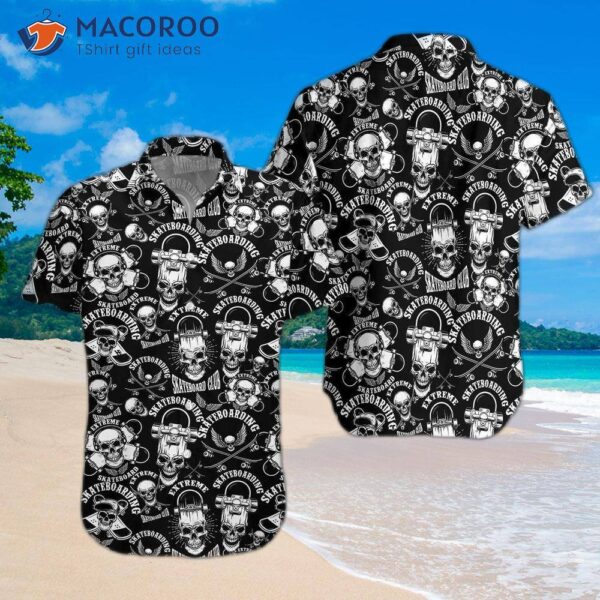 Skateboard Emblems In Monochromatic Hawaiian Style Shirt