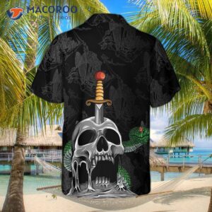 skull and snake gothic hawaiian shirt dark sword melted black shirt 1