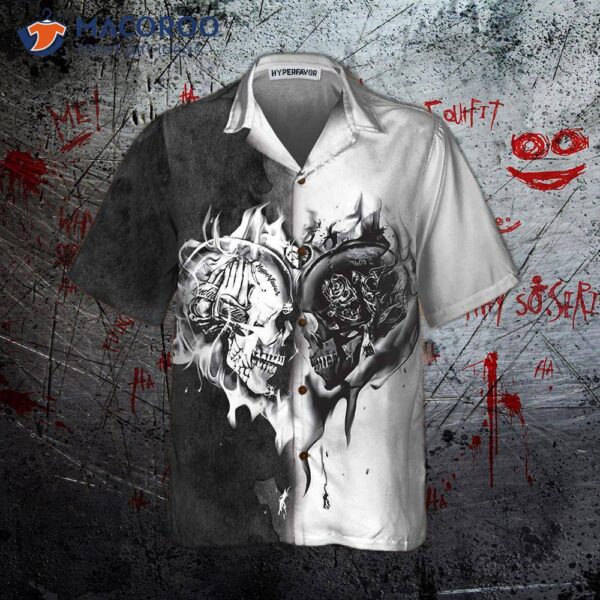 Skull Heart Flame Hawaiian Shirt, Black And White Shirt For
