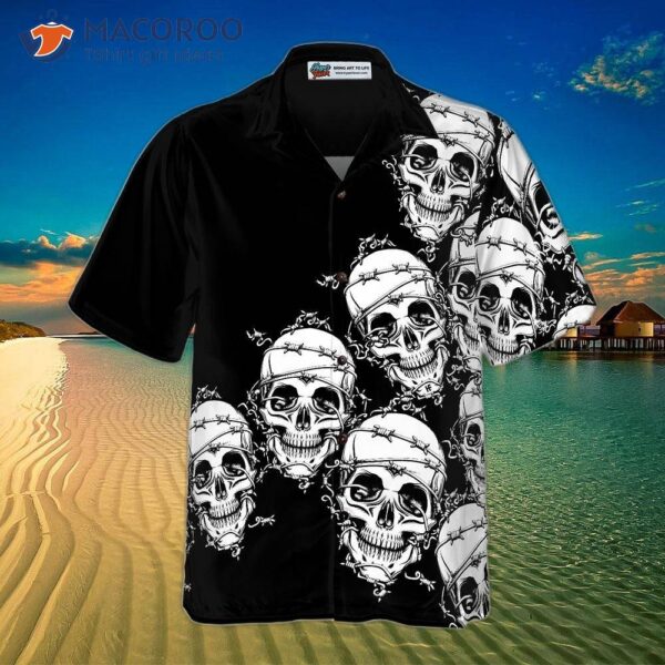 Skull In Barbed Wire Gothic Hawaiian Shirt, Black