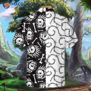Skull On Fire With Steel Barbed Wire Hawaiian Shirt, Black And White Shirt For