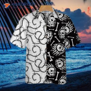 skull on fire with steel barbed wire hawaiian shirt black and white shirt for 2
