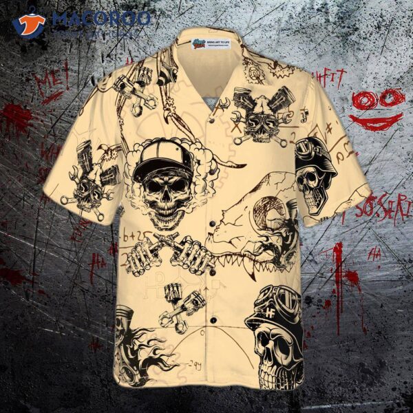 Skull On Retro Mechanism Background Hawaiian Shirt