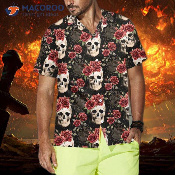 Skull Rose Vintage Hawaiian Shirt, Red Gothic Shirt