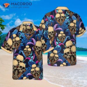 skull tropical palm leaves background hawaiian shirt 0