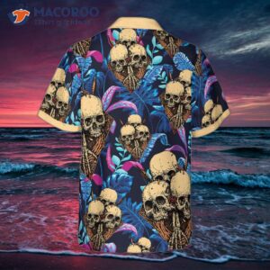 skull tropical palm leaves background hawaiian shirt 1