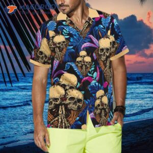 skull tropical palm leaves background hawaiian shirt 2