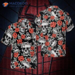 skull with crown and red rose hawaiian shirt 0