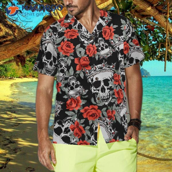 Skull With Crown And Red Rose Hawaiian Shirt