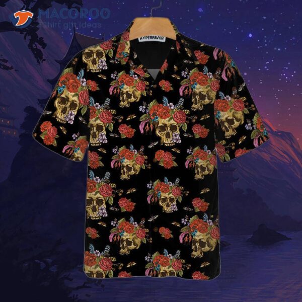 Skulls And Flowers Day Of The Dead Hawaiian Shirt, Vintage Skull Red Roses Gift