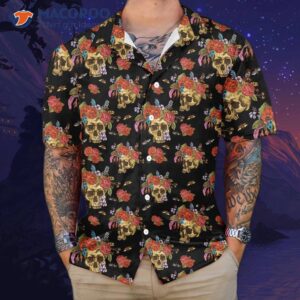 skulls and flowers day of the dead hawaiian shirt vintage skull red roses gift 3