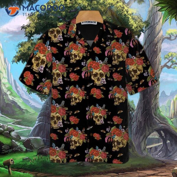 Skulls And Flowers Day Of The Dead Hawaiian Shirt, Vintage Skull Red Roses Gift