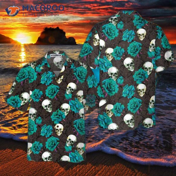 Skulls And Rose Branches Hawaiian Shirt, Blue Roses, Gothic Skull Shirt For