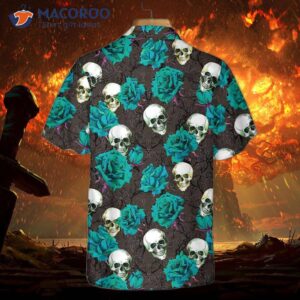 Skulls And Rose Branches Hawaiian Shirt, Blue Roses, Gothic Skull Shirt For