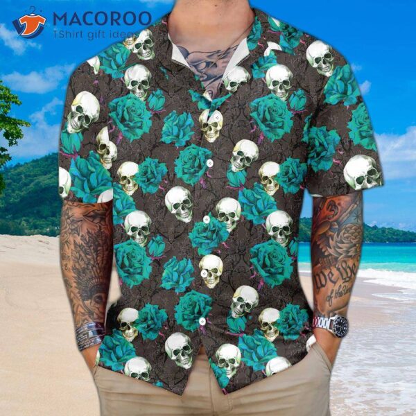 Skulls And Rose Branches Hawaiian Shirt, Blue Roses, Gothic Skull Shirt For