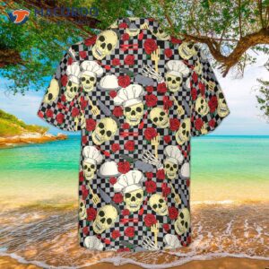 skulls in chef hats and red roses patterned hawaiian shirt 1