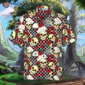 skulls in chef hats and red roses patterned hawaiian shirt 3