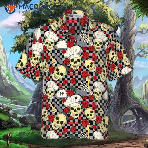 Skulls In Chef Hats And Red Roses Patterned Hawaiian Shirt.