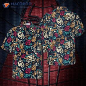 skulls with blue snakes and red roses hawaiian shirt 0