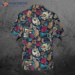 skulls with blue snakes and red roses hawaiian shirt 1