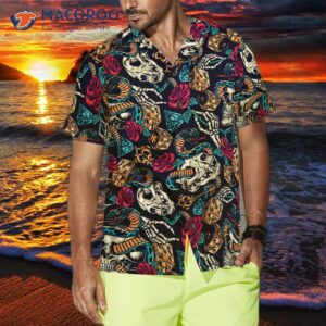skulls with blue snakes and red roses hawaiian shirt 2