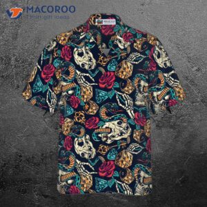 skulls with blue snakes and red roses hawaiian shirt 3