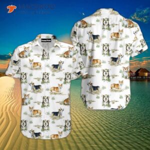 smiling corgi dogs wearing white hawaiian shirts 1