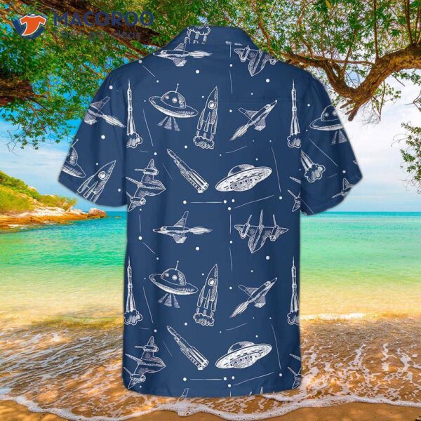 Space Aircraft Seamless Pattern Hawaiian Shirt, Navy Aviation Shirt For