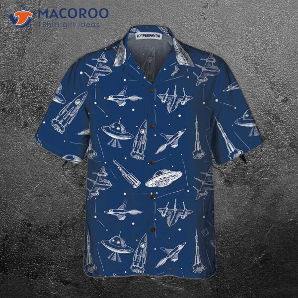 Space Aircraft Seamless Pattern Hawaiian Shirt, Navy Aviation Shirt For