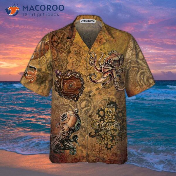 Steampunk Octopus Hawaiian Shirt, Short-sleeved Unique Beach Shirt For