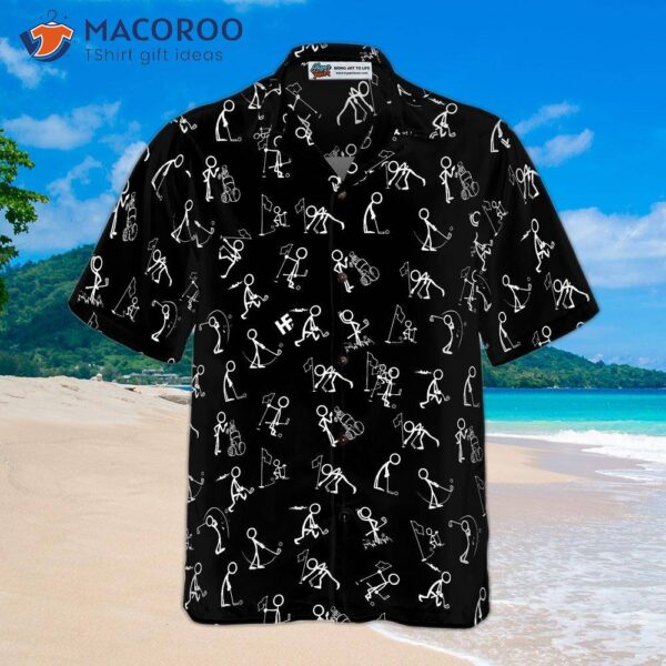 Stick Figures Playing Golf On A Black Background Wearing Hawaiian Shirts.