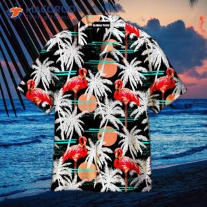 storks coconut trees palm pink flamingos red and white hawaiian shirts 1