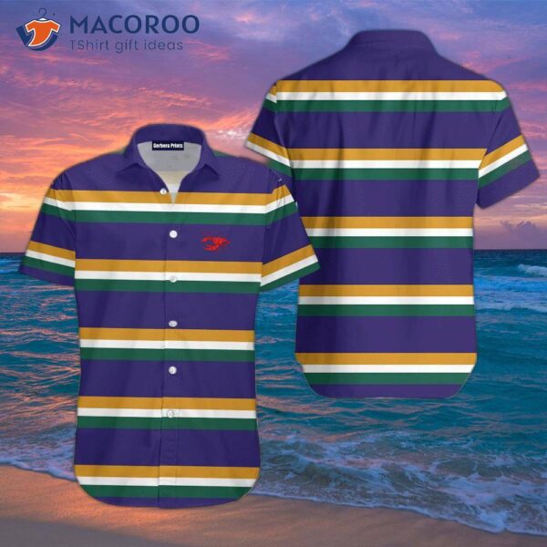 Striped Lines, Crawfish, Purple Ground Stripes, Mardi Gras Rugby, And Blue Hawaiian Shirts