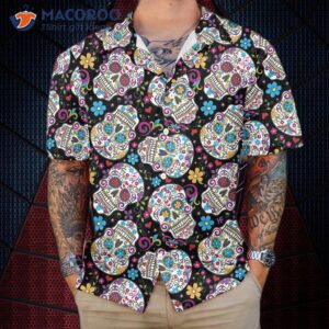 sugar skulls with flowers hawaiian shirt colorful floral mexican skull best day of the dead gift 0