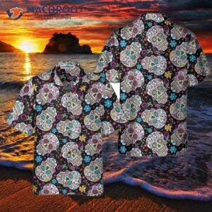 sugar skulls with flowers hawaiian shirt colorful floral mexican skull best day of the dead gift 2