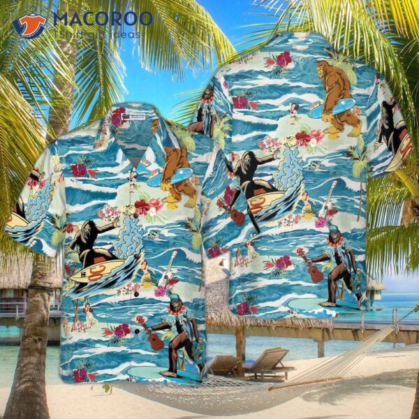 Surf Bigfoot Aloha Vacation Hawaiian Shirt, Tropical Ocean Wave Vintage Shirt For