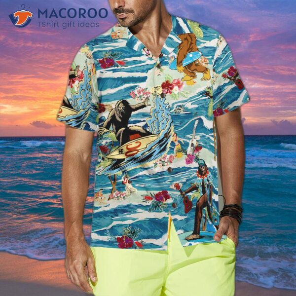 Surf Bigfoot Aloha Vacation Hawaiian Shirt, Tropical Ocean Wave Vintage Shirt For