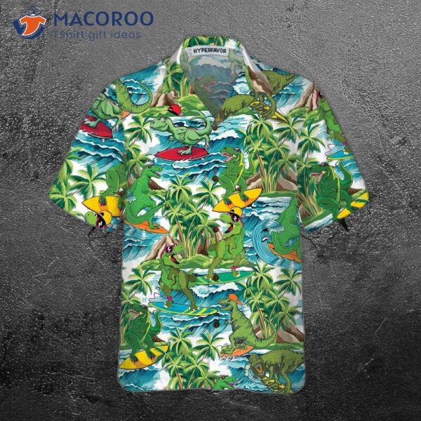 Surfing Dinosaur Hawaiian Shirt, Funny Cool Printed Dino Shirt For Adults