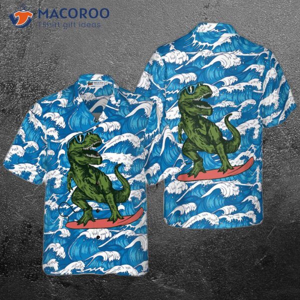 Surfing T-rex Dinosaur Hawaiian Shirt