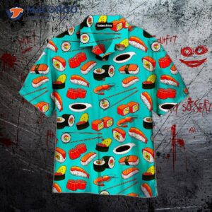 sushi rolls japanese seafood and blue hawaiian shirts 0