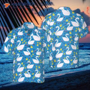 Swans And Ducks Swim In A Hawaiian Shirt, Sky Blue Animals Floral Shirt.