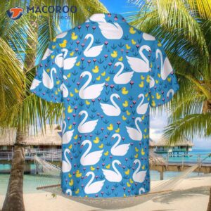 swans and ducks swim in a hawaiian shirt sky blue animals floral shirt 1