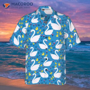 swans and ducks swim in a hawaiian shirt sky blue animals floral shirt 2