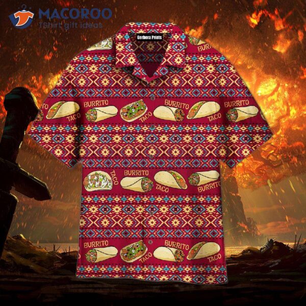 Taco And Burrito-patterned Red Hawaiian Shirts