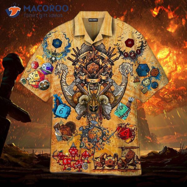 Take A Chance And Roll The Dice In World Of Dungeons Dragons With An Orange Hawaiian Shirt.