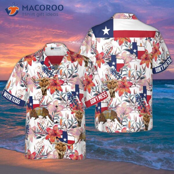 Texas Longhorn, Bluebonnet, And Armadillo Hawaiian Shirt; Button-down Floral Flag Proud Shirt For