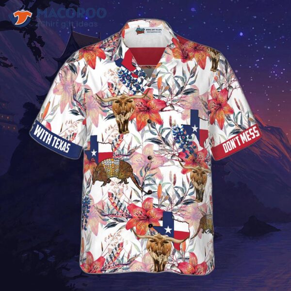 Texas Longhorn, Bluebonnet, And Armadillo Hawaiian Shirt; Button-down Floral Flag Proud Shirt For